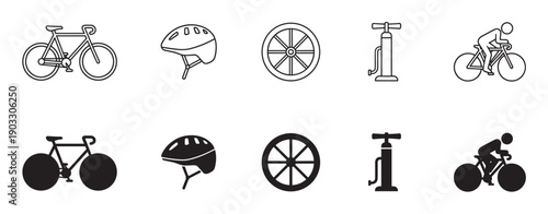 Black cycling equipment and activity icons collection featuring a bicycle, helmet, wheel, and pump in both outline and solid glyph styles for graphic design