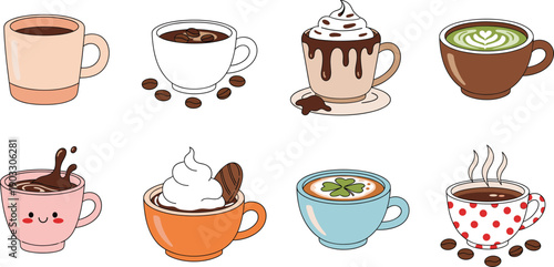 Cute coffee cups vector set illustration. Hot drinks with whipped cream, latte art, and playful designs. Clean flat style for café menus, branding, and beverage graphics.