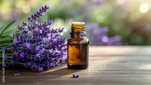 Essential Oil Bottle with Fresh Lavender Flowers on Wooden Table