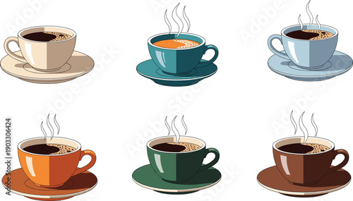 Hot coffee cups vector set illustration. Steaming espresso and brewed coffee in colorful cups. Clean flat design for café menus, branding, and beverage graphics.