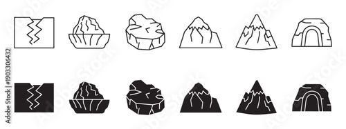 Set of black geology and nature icons featuring mountains, rocks, caves, icebergs, and fault lines presented in both linear outline and solid glyph silhouette graphic styles