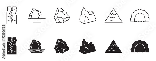 Collection of black geology icons showing rocks, mountains, caves, and faults in two styles, a thin outline and a solid glyph version for user interface design