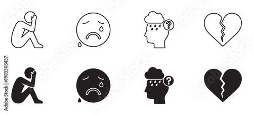 Set of black mental health icons representing depression, anxiety, and despair, featuring a crying face, broken heart, and a sad person in minimalist line art and solid glyph styles