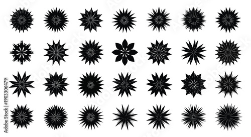 Collection of thirty two unique black starburst designs arranged in four rows