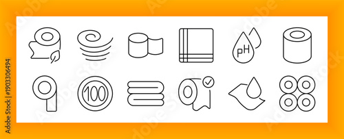 Tissue and hygiene set icon. Toilet paper, rolls, towels, pH drops, softness icons, droplets, verified tissue types outlined in household product style.