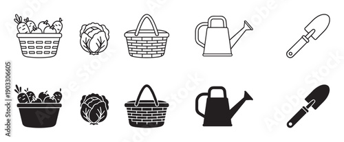 Set of black gardening icons showing a basket of vegetables, cabbage, watering can, and trowel in both line art and solid silhouette styles for farming and agriculture concepts
