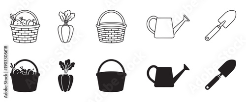Gardening and harvesting icons set in two styles, featuring a basket of vegetables, a watering can, a trowel, and a pepper in both outline and solid silhouette vector illustrations