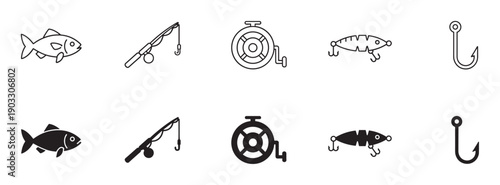 Set of black fishing icons in line art and solid silhouette styles showing a fish, rod, reel, lure, and hook for hobby or sport concepts