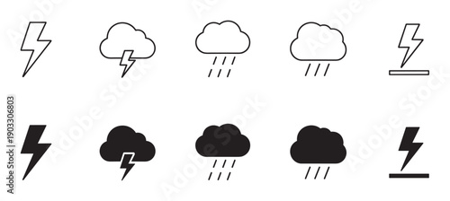 Collection of black weather icons in outline and filled styles, featuring minimalist symbols for lightning bolt, thunderstorm, and rain for a forecast user interface or application