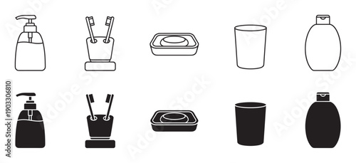 Bathroom hygiene and personal care icon collection with a soap dispenser, toothbrushes, soap dish, cup, and bottle shown in both outline and solid black silhouette forms