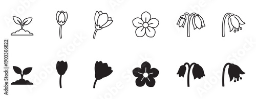 Set of black flower and plant icons in two styles, outline and solid silhouette, featuring a sprout, tulip, and bellflower for a clean, minimalist graphic design element
