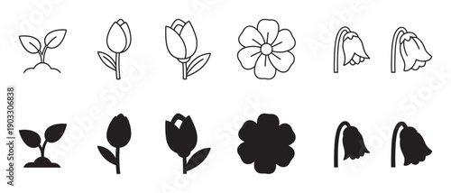 Black plant life cycle icon set showing growth from a sprout to a blooming and wilting flower, presented in both line art and solid glyph styles