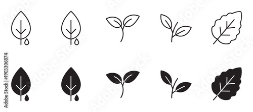 Black leaf and plant icon collection with various simple nature symbols in both thin line art and solid glyph styles, representing growth, ecology, and organic concepts