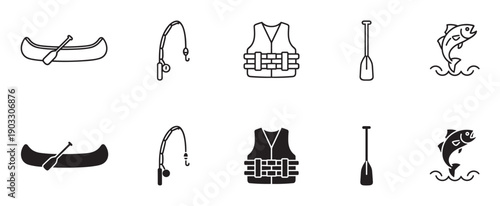Black vector icons for canoeing and fishing activities showing a canoe, paddle, life jacket, rod, and jumping fish in line art and solid silhouette styles