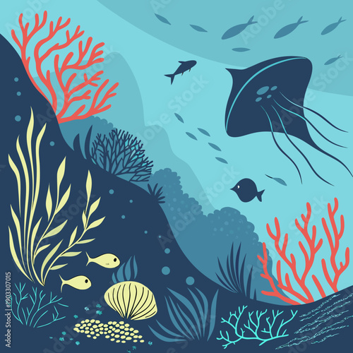 Surreal journey across an enchanting ocean floor, discovering vibrant life and a sense of wonder. Vector.