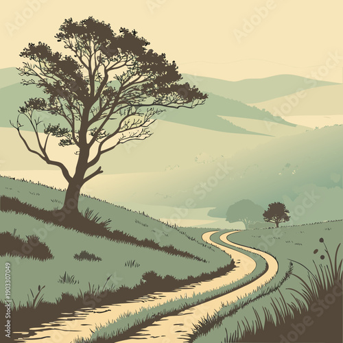 A vanishing perspective through a fading landscape, symbolizing a journey through time or memory. Vector.