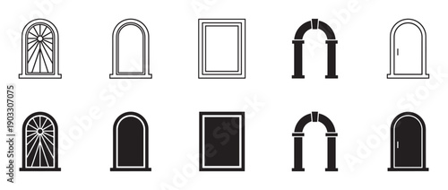 Collection of black door, window, and arch icons in outline and silhouette styles for architectural design, featuring various arched and rectangular shapes in a minimalist graphic set