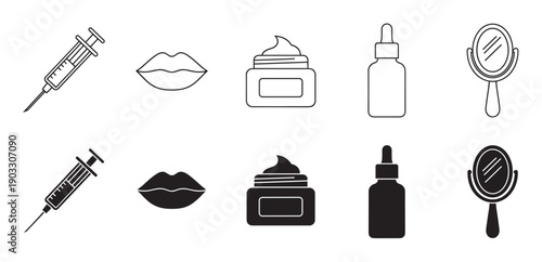 Set of black cosmetology icons showing a syringe, lips, cream, serum, and mirror in line art and solid silhouette styles for beauty and aesthetic medicine concepts