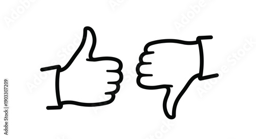 Simple line drawing of thumbs up and thumbs down symbols representing approval and disapproval or positive and negative feedback