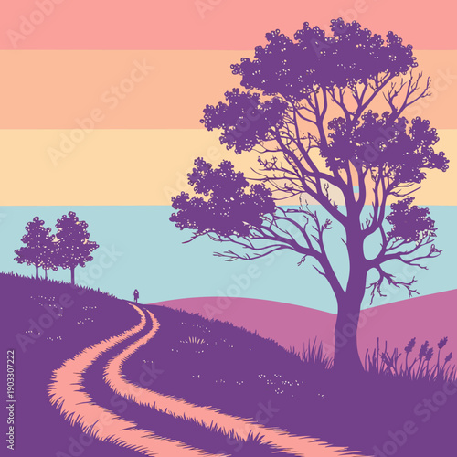 Horizon line split by vibrant color gradients, representing a conceptual journey or transition. Vector art.