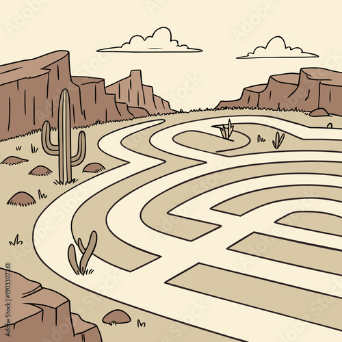 Navigating a challenging maze-like desert path, representing complex decisions and perseverance.