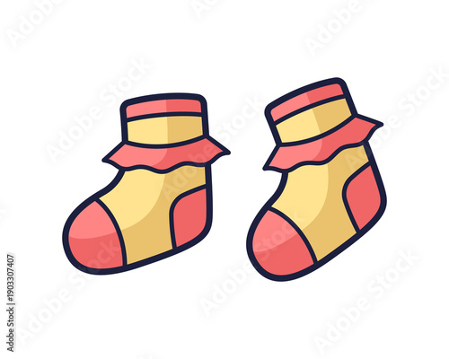 Baby booties cartoon illustration. Outline booties, baby socks icon. Vector Outline illustration for kids textile design, baby shower, gender party, birthday. Cartoon style. Vector illustration