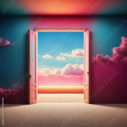 Surreal Open Door Revealing Dreamlike Pastel Sky and Endless Horizon