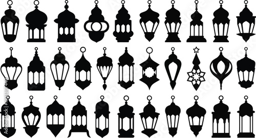 A large collection of various ornate Islamic hanging lanterns and traditional lighting fixtures are shown in silhouette.