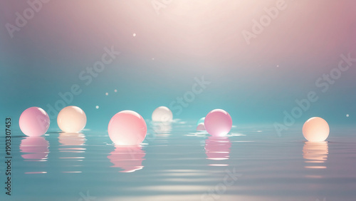 Pastel Glowing Orbs Floating on Calm Water with Soft Reflections