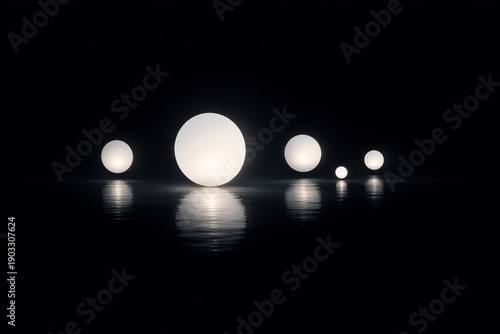 Glowing Light Orbs Reflecting on Calm Water in Dark Minimalist Scene