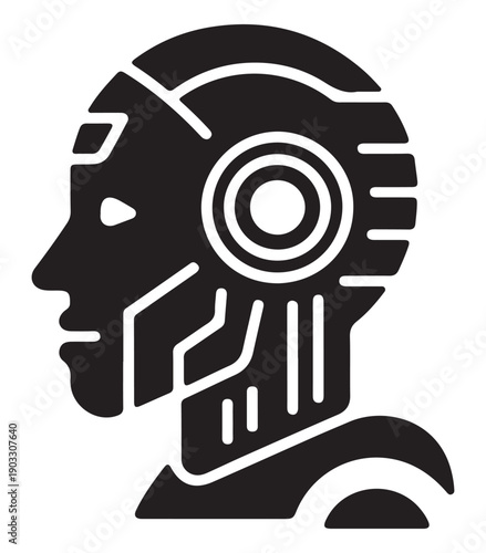 Black Robot Head with White Lines on White Background