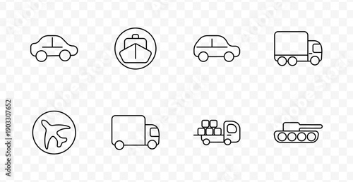 Transport and logistics set icon. Passenger car, cruise ship, truck, airplane, cargo delivery vehicle, tank, and box truck in minimal line transportation style.