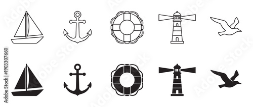 Set of black nautical icons featuring a sailboat, anchor, lifebuoy, lighthouse, and seagull, presented in both minimalist outline and solid silhouette graphic styles