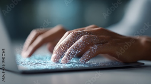 Human hands are actively typing on a laptop keyboard, showing glowing digital network connections overlaying the skin and keys, representing advanced technology, ai, and global data communication