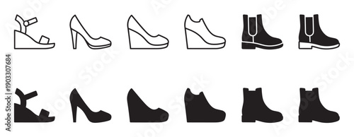 Set of black women's footwear icons featuring high heels, sandals, wedges, and boots presented as simple line art and solid glyph vector illustrations