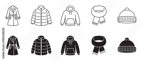 Winter clothing icon set featuring a coat, puffer jacket, hoodie, scarf, and beanie hat presented in both a clean line art style and a solid black glyph version