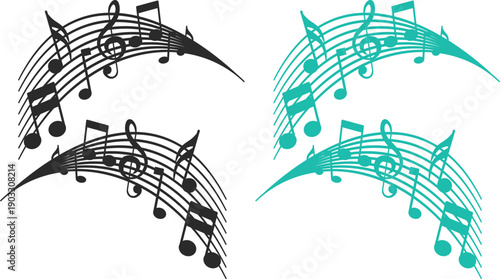 Music staff wave icon set collection with treble clef melody symbols, pixel notes, abstract sound lines, musical composition elements isolated on white background vector.