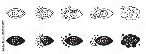 Set of black eye icons showing a process of disintegration and pixelation, from a whole eyeball to dissolving particles, in minimalist line art and glyph vector styles