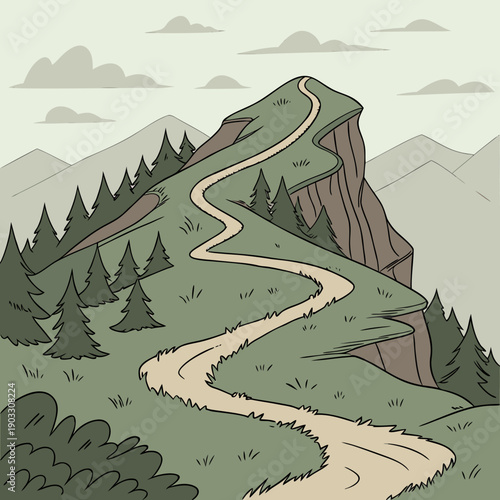 Spiral mountain trail from a top-down view, representing a challenging journey towards a summit or goal.