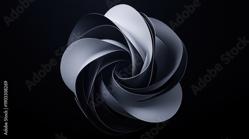 Abstract Art: A 3D rendering of a swirling, organic shape composed of overlapping, curved lines in shades of gray and black.