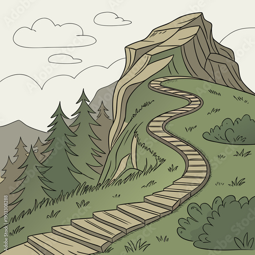 Abstract aerial view of a winding spiral mountain trail, symbolizing an ambitious journey and the pursuit of goals.