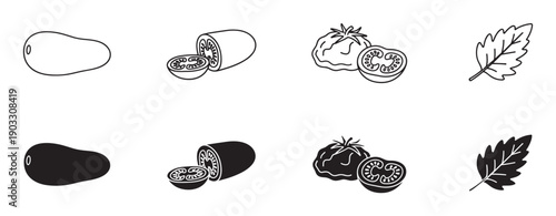 Set of black tomato icons shows different varieties including plum and heirloom, both whole and sliced, along with a leaf in outline and silhouette styles