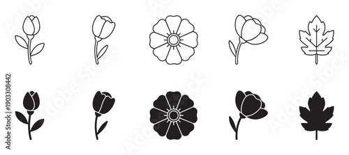 Black flower and leaf icon set with various simple floral and foliage shapes presented in both thin line art and solid black silhouette styles for graphic design elements