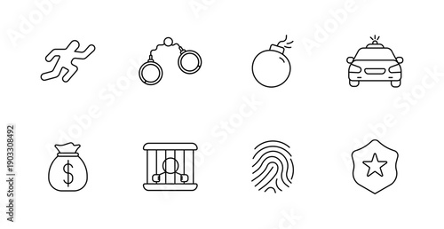 Crime set icon. Chalk body outline, handcuffs, bomb, police car, money bag, jail bars, fingerprint, badge shown in clear forensic style.