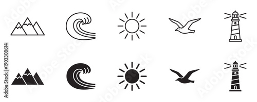 Set of black nature and travel icons featuring a mountain, ocean wave, sun, bird, and lighthouse in both outline and solid silhouette styles for graphic design