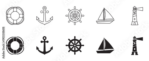Black nautical and marine icon set featuring a lifebuoy, anchor, ship wheel, sailboat, and lighthouse in both thin line art and solid silhouette graphic styles