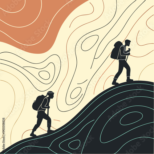 Abstract journey visualizing elevation maps, with contour lines and topographic forms representing data, discovery, and exploring new territories.