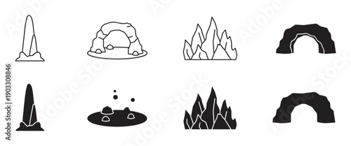 Set of black and white icons depicting geological formations like caves, rock arches, stalagmites, and crystals in minimalist line art and solid silhouette styles for design