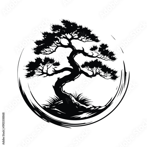 Black and white vintage illustration of an ancient bonsai tree in hand drawn engraving style vector art
