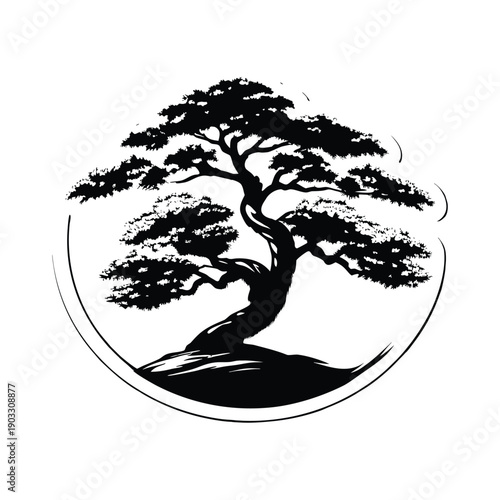 Black and white vintage illustration of an ancient bonsai tree in hand drawn engraving style vector art